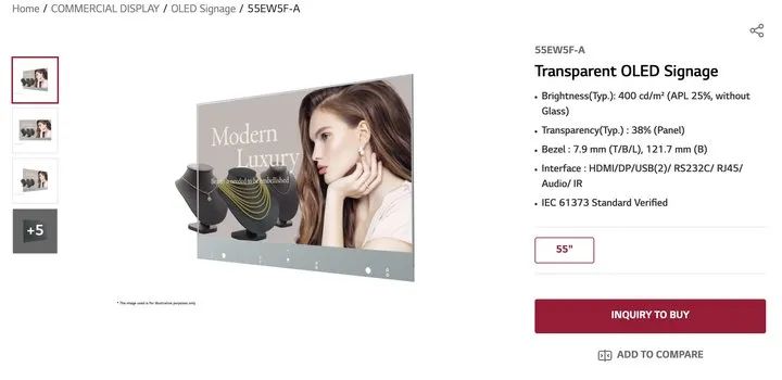 LG 面向商用市場推出的 55 英寸透明 OLED 屏。圖片來自：LG